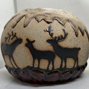 Set of 2! Rustic Round Ceramic Tealight Candle Holders. Forest & Deer Theme! New